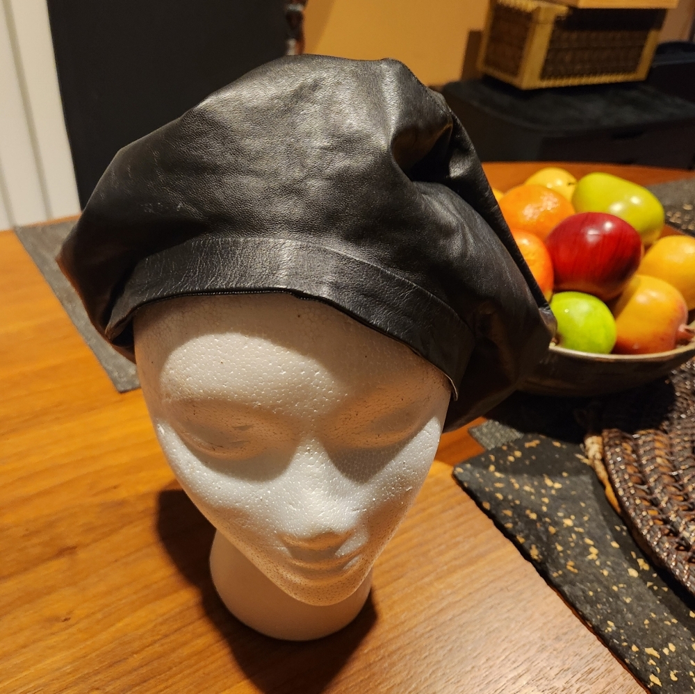 Genuine leather tam style hat black